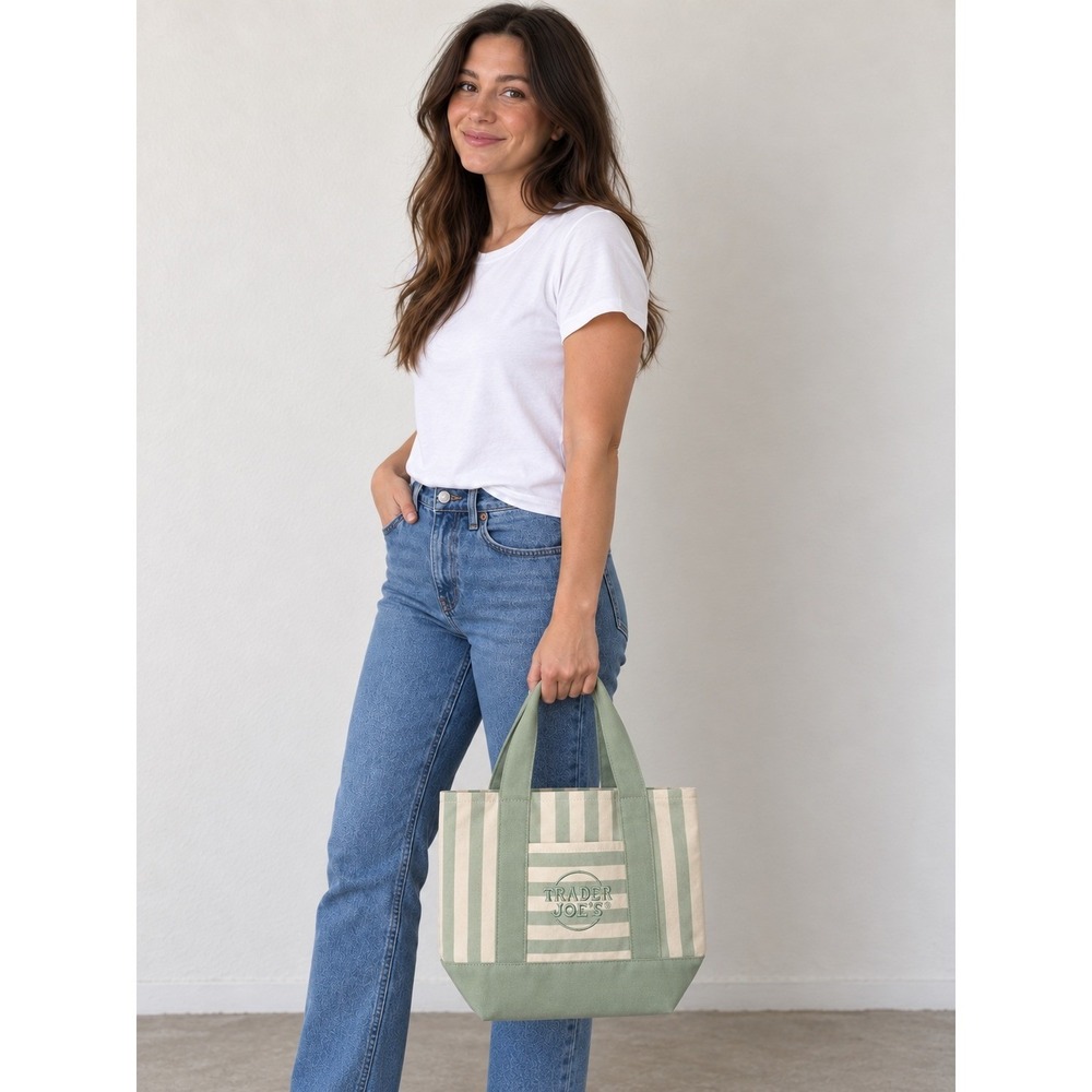 Trader Joe's Mini Canvas Tote Bag Sage Green Cream Stripe Embroidered Pocket